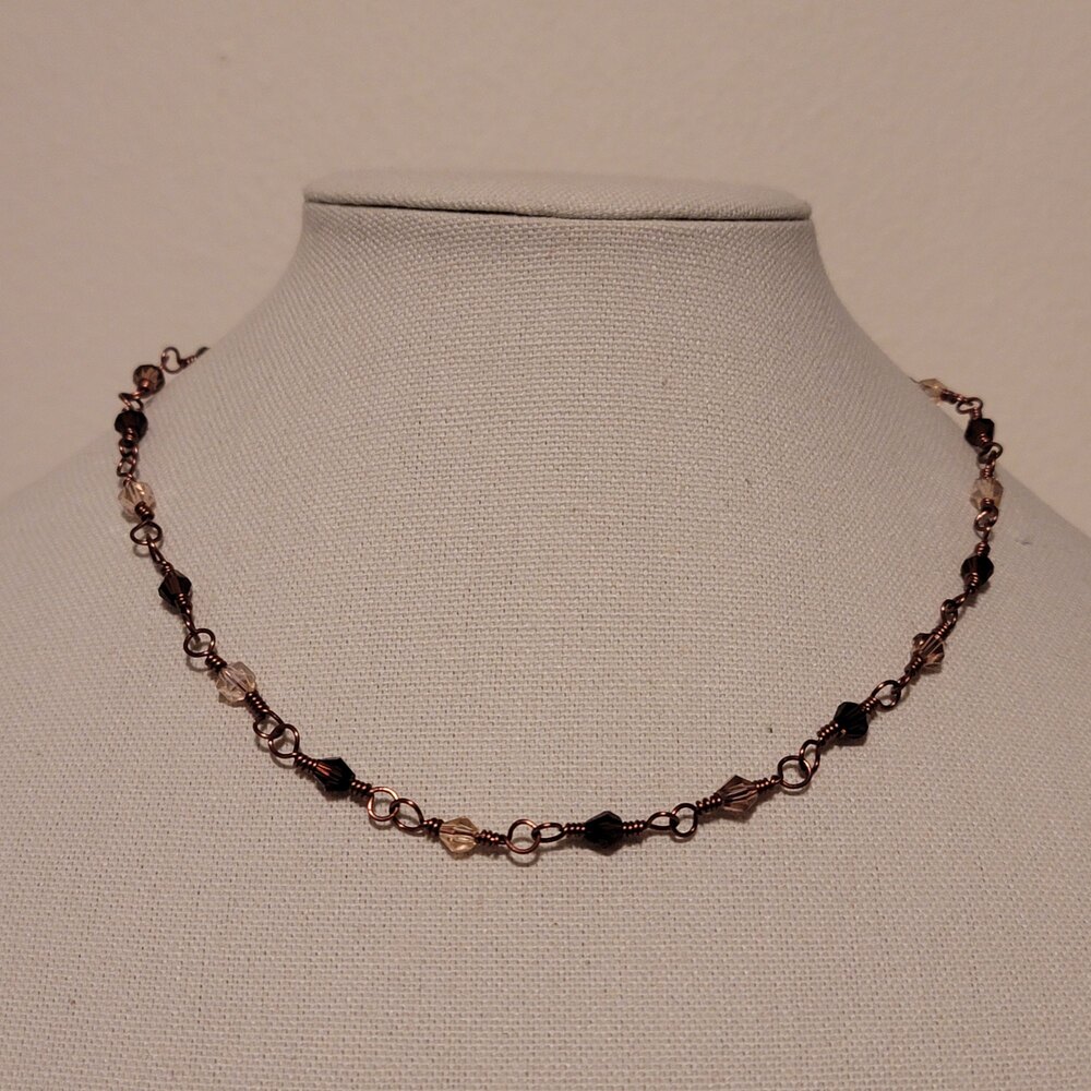 Handmade Crystal Bead Necklace with Copper Chain in Brown and Amber Tones